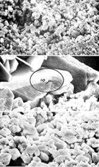 Figure 1: Crystalline formation on NiCd cell<br>
<i>New NiCd cell:</i> the anode is in fresh condition (capacity of 8,1 Ah). Hexagonal cadmium hydroxide crystals are about 1 micron in cross-section, exposing large surface area to the liquid electrolyte for maximum performance<br>
<i>Cell with crystalline formation:</i>  Crystals have grown to 50 to 100 microns in cross-section, concealing large portions of the  active material from the electrolyte (capacity of 6,5 Ah). Jagged edges and sharp corners may pierce the separator, which can lead to increased self-discharge or electrical short<br>
<i>Restored cell:</i> After pulsed charge, the crystals are reduced to 3 to 5 microns, an almost 100% restoration (capacity of 8,0 A). Exercise or recondition are needed if the pulse charge alone is not effective